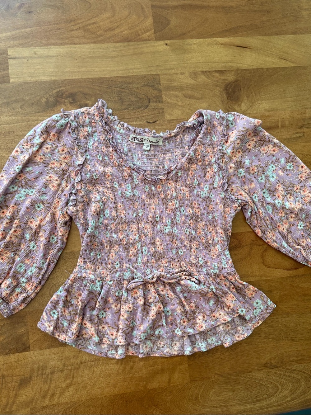 Gypsies & Moondust Lavender Floral Smocked Peplum Blouse Size Medium